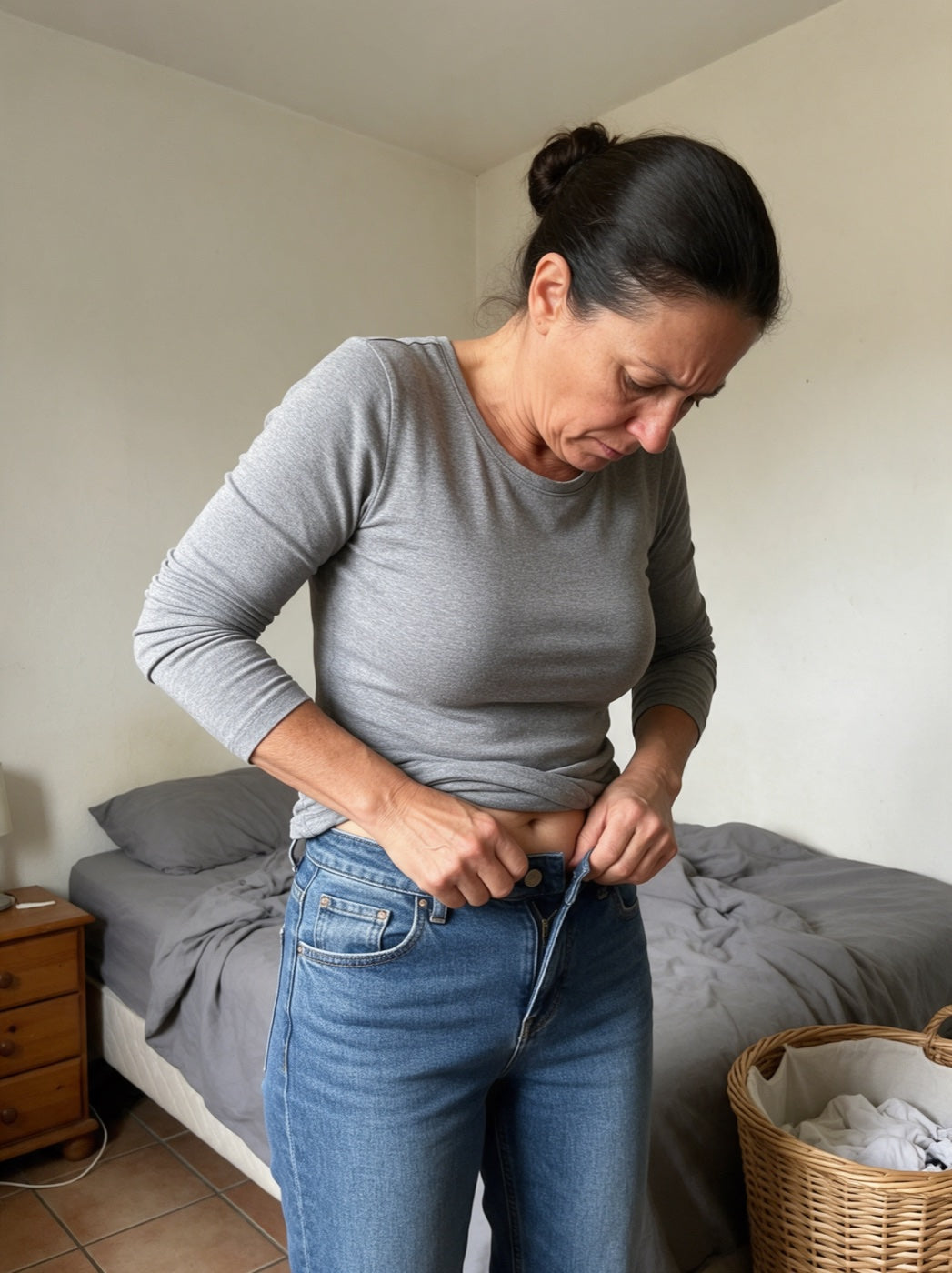 Woman buttoning her pre-pregnancy jeans