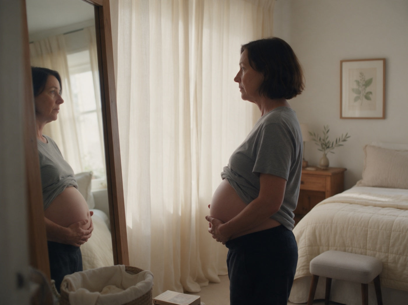 Woman in profile holding her postpartum stomach