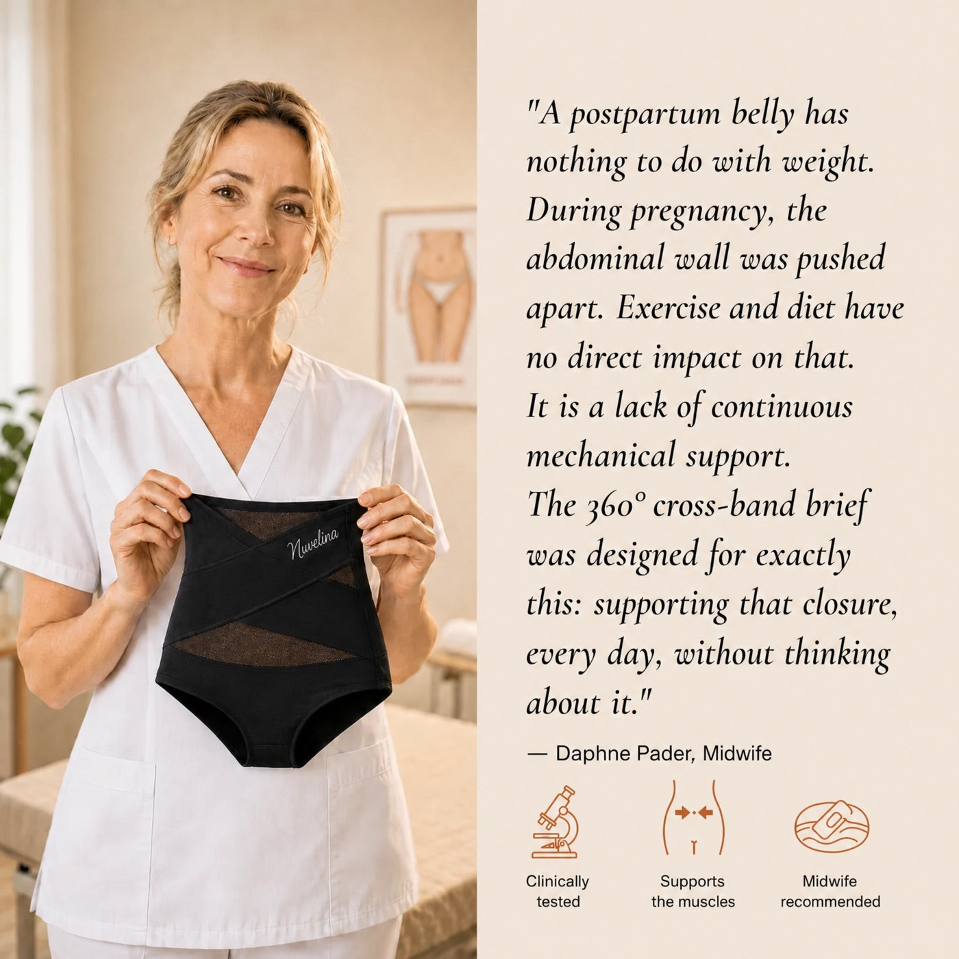 Midwife holding the 360° cross-band brief